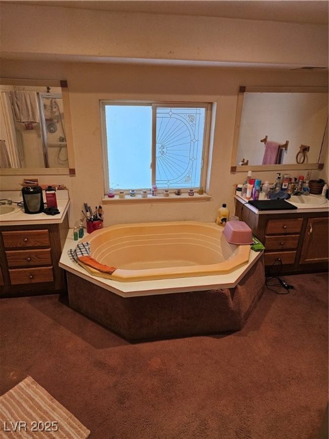 Bathroom featuring vanity, a stall shower, carpet floors, and a bath | Image 16