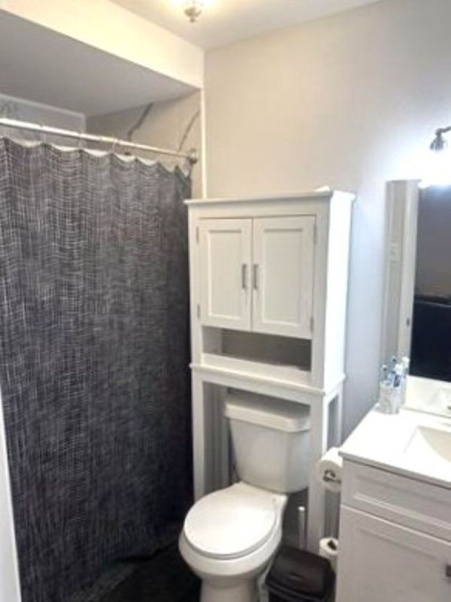 Full bath featuring toilet, a shower with shower curtain, and vanity | Image 15