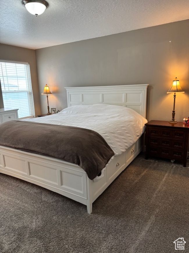 Bedroom with dark carpet and a textured ceiling | Image 12