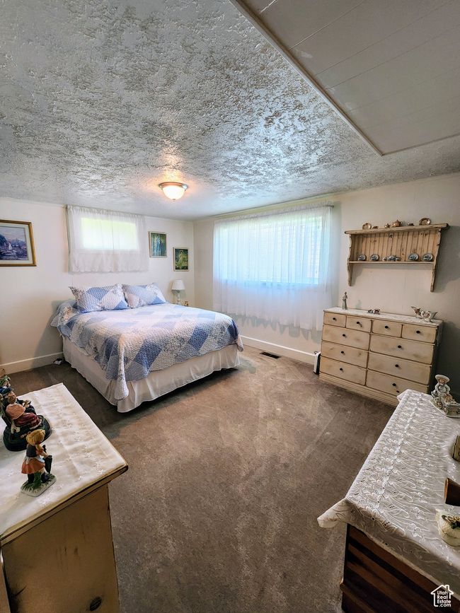 Bedroom with baseboards, multiple windows, dark carpet, and a textured ceiling | Image 34