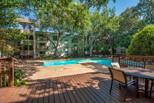 A sunny pool area featuring clear water surrounded by inviting lounge chairs and greenery for relaxation. | Image 29