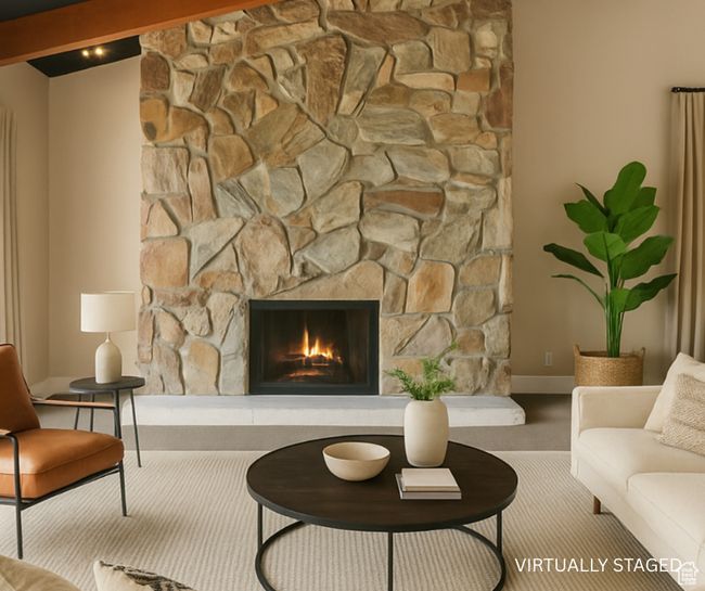 Carpeted living room with a fireplace and baseboards | Image 9