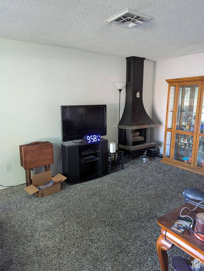 Carpeted living room with a textured ceiling | Image 4