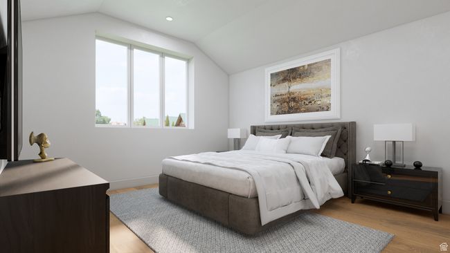 Bedroom with baseboards, vaulted ceiling, light wood finished floors, and recessed lighting | Image 13