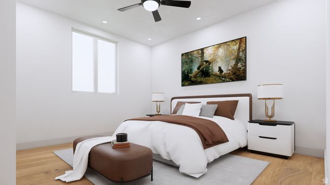Bedroom with light wood-type flooring, baseboards, recessed lighting, and ceiling fan | Image 11