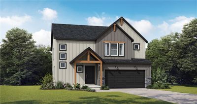 Modern farmhouse with a front lawn and a garage | Image 1