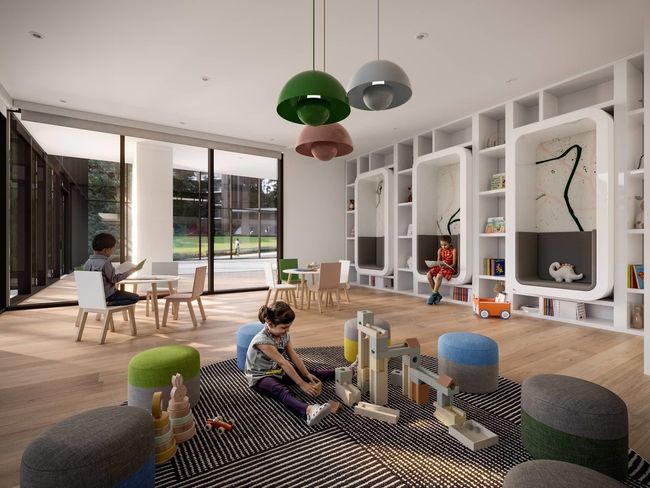 Exercise area featuring wood finished floors, floor to ceiling windows, and built in shelves | Image 8
