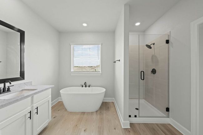 Master bathroom includes granite countertop, elongated mirror, and dual-vanity sinks. Relax in the large soaking tub or enjoy the spacious, standing shower. | Image 14
