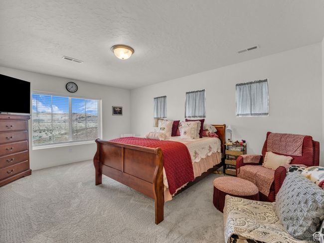 Bedroom featuring light colored carpet and a textured ceiling | Image 18