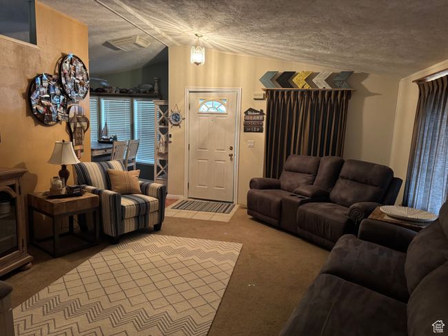 Carpeted living room with lofted ceiling and a textured ceiling | Image 9