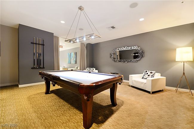 Recreation room with light carpet, baseboards, visible vents, recessed lighting, and pool table | Image 41