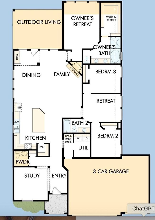 This floor plan features a spacious layout with three bedrooms, including an owner's retreat with a walk-in closet and private bath. The open-concept kitchen, dining, and family area is complemented by a fireplace and outdoor living space. Additional amenities include a study, utility room, and a three-car garage. | Image 8