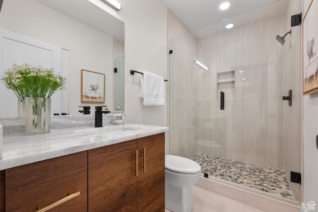Full bath with vanity, a stall shower, and recessed lighting | Image 66