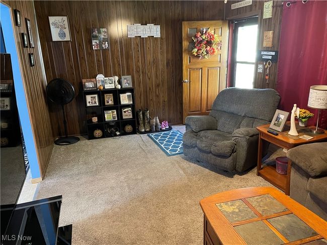 Living room featuring wood walls and carpet flooring | Image 11