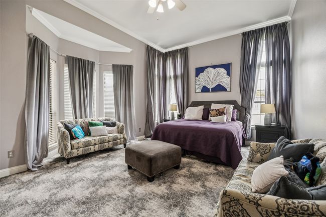 Bedroom featuring ornamental molding, multiple windows, and a ceiling fan | Image 21