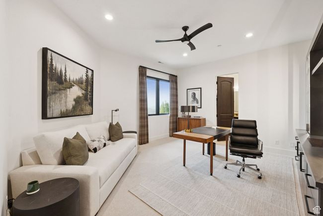 Home office featuring a ceiling fan, recessed lighting, and light colored carpet | Image 73