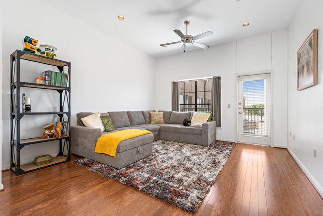 Living area featuring hardwood / wood-style flooring, ceiling fan, baseboards, and recessed lighting | Image 7