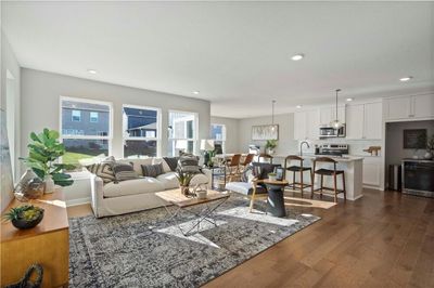 Living room with wine cooler, sink, and dark hardwood / wood-style floors | Image 3