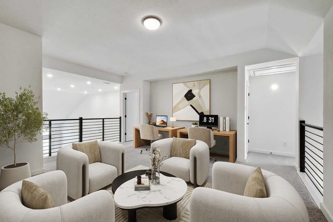 Living area featuring an upstairs landing, a desk, carpet floors, and recessed lighting | Image 5