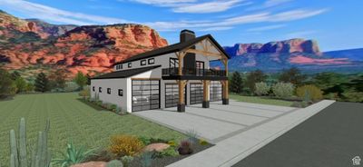 View of front of property featuring a garage, a balcony, a mountain view, and a front lawn | Image 2