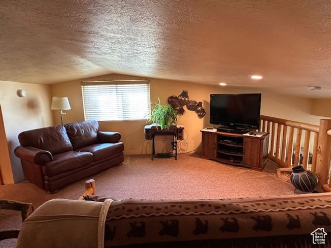 Carpeted living room with lofted ceiling and a textured ceiling | Image 10