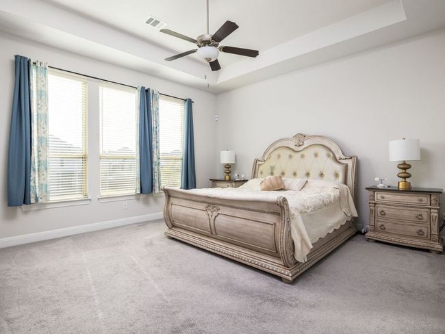 Carpeted bedroom featuring baseboards, ceiling fan, visible vents, and a raised ceiling | Image 14