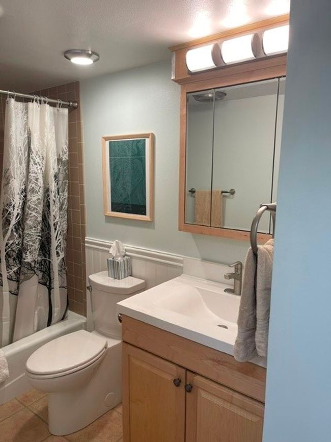 Bathroom with toilet, shower / bath combo with shower curtain, and vanity | Image 11