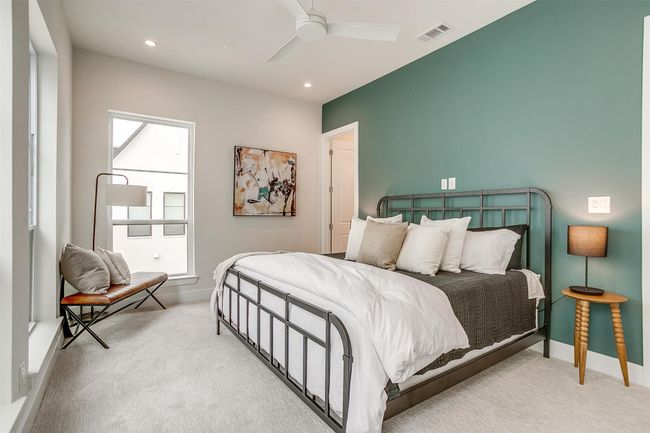 Carpeted bedroom with baseboards, recessed lighting, visible vents, and a ceiling fan | Image 19