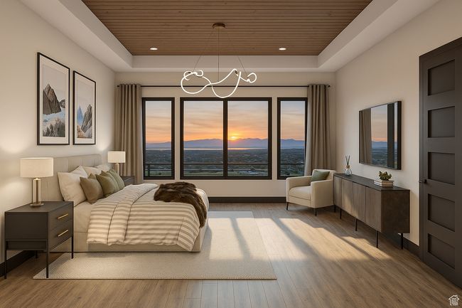 Bedroom with wooden ceiling, a raised ceiling, multiple windows, light wood finished floors, and recessed lighting | Image 16