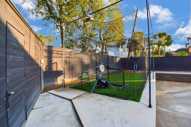 This photo showcases an outdoor batting cage setup in a backyard with artificial turf, ideal for sports enthusiasts. | Image 48