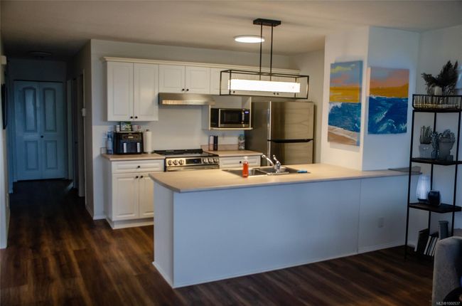 Kitchen featuring stainless steel appliances, exhaust hood, light countertops, and white cabinetry | Image 13
