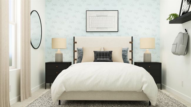 Carpeted bedroom with multiple windows and wallpapered walls | Image 16