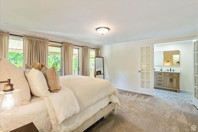 Bedroom with multiple windows, light carpet, crown molding, and french doors | Image 32