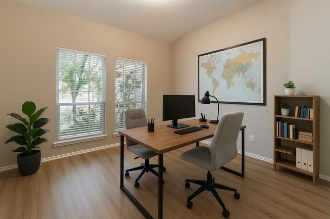Office space with light wood-style flooring, lofted ceiling, and baseboards | Image 5