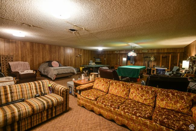 Carpeted living area with pool table, wooden walls, and a textured ceiling | Image 34