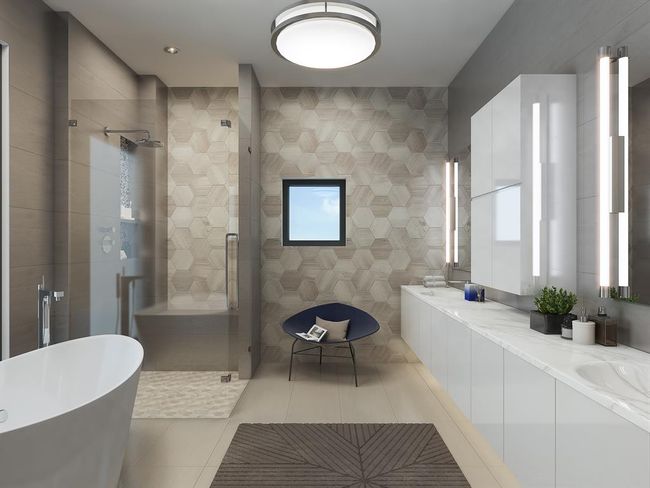 The primary bathroom exemplifies opulence, featuring quartz countertops and a luxurious freestanding soaking tub. It offers a walk-in shower with elegant porcelain walls, a frameless vanity mirror, and exquisite Italian Boffi cabinetry, all crafted for a truly refined experience. | Image 9