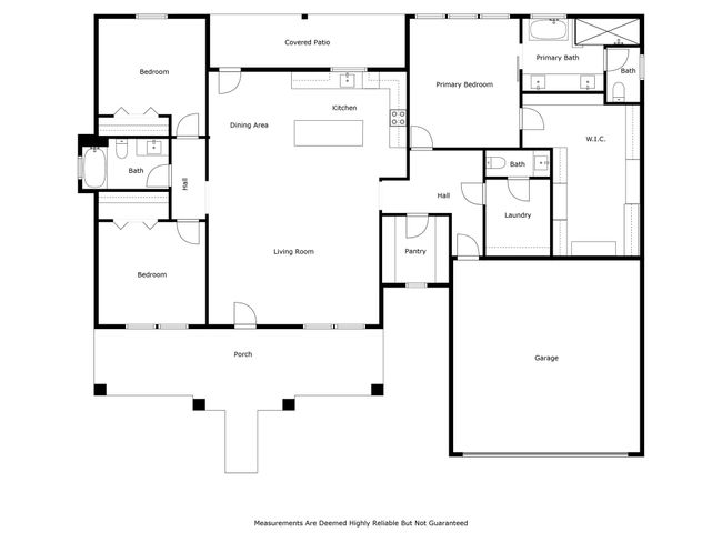 FLOORPLAN: This beautifully designed single-story home features 3 bedrooms, 2.5 baths, and an open-concept layout with a spacious kitchen, dining, and living area. The split floor plan offers a private primary suite with dual vanities, soaking tub, walk-in shower, and a large walk-in closet connected to the laundry room.Secondary bedrooms share a full bath, and there's a convenient half bath for guests. Enjoy a walk-in pantry, covered back patio, welcoming front porch, and an attached 2-car garage | Image 43