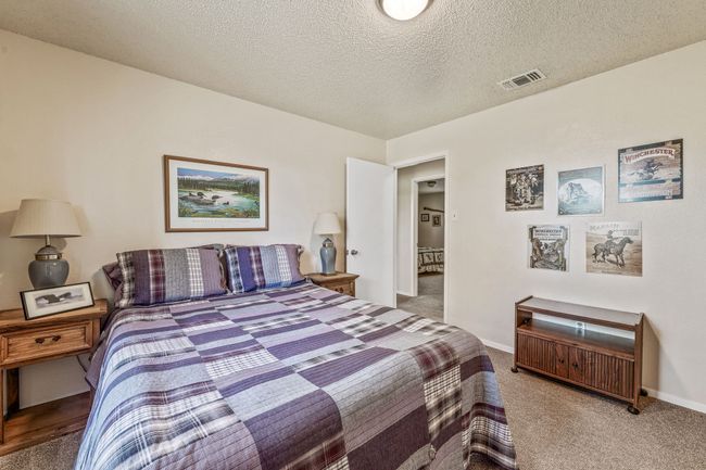 Bedroom with visible vents, baseboards, carpet, and a textured ceiling | Image 18