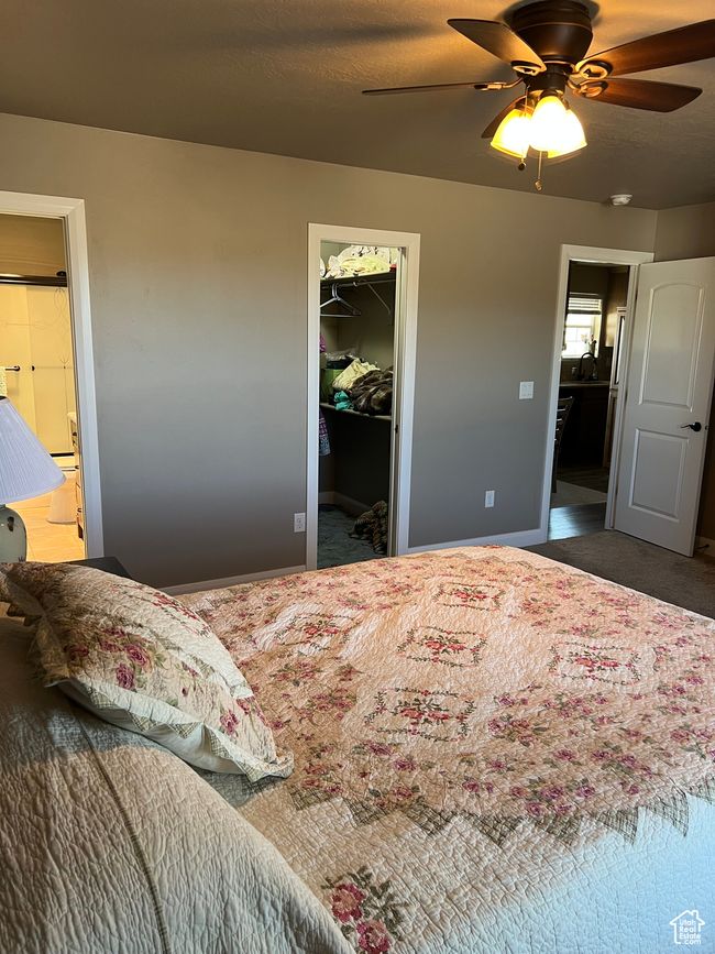 Bedroom featuring a walk in closet, carpet floors, a closet, and a ceiling fan | Image 30