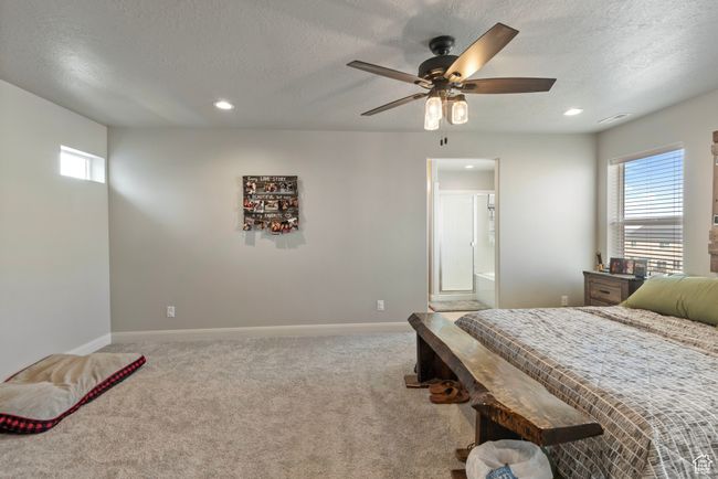Carpeted bedroom featuring baseboards, visible vents, a textured ceiling, and recessed lighting | Image 9
