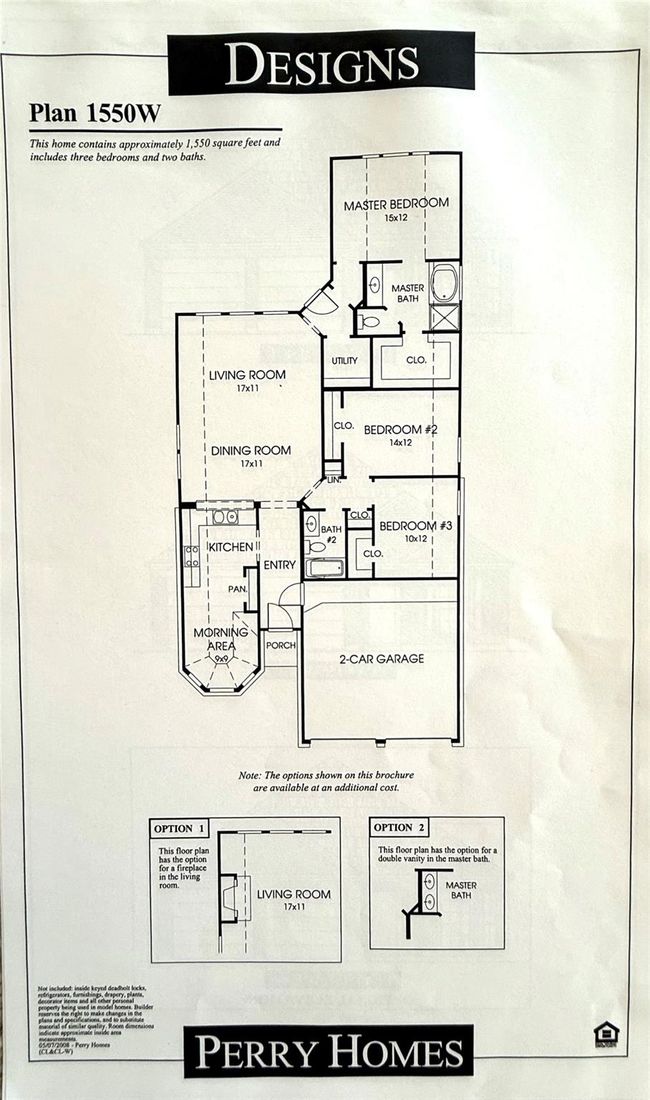 This floor plan, Plan 1550W by Perry Homes, features a 1, 550 square foot layout with three bedrooms and two baths. It includes a master bedroom with an ensuite bath, two additional bedrooms, a living room, dining room, kitchen with a morning area, and a 2-car garage. Options include a fireplace in the living room and a double vanity in the master bath. | Image 29