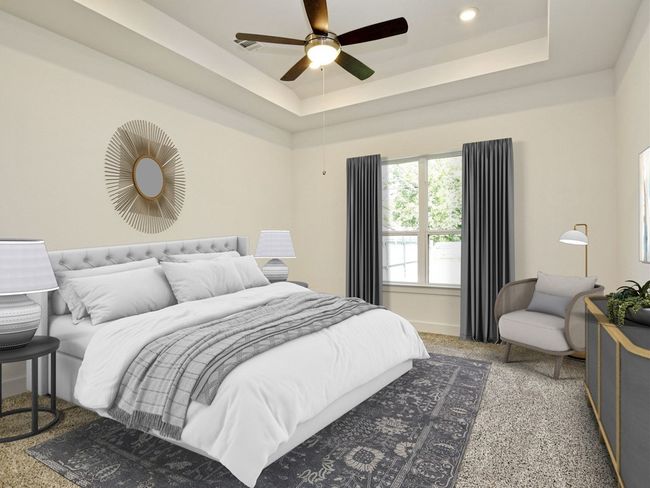 Bedroom with a tray ceiling, a ceiling fan, carpet floors, and recessed lighting | Image 16