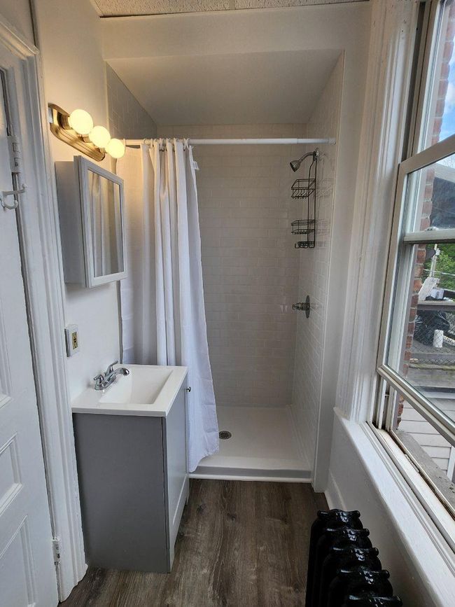 Bathroom with wood finished floors, tiled shower, vanity, and radiator | Image 11