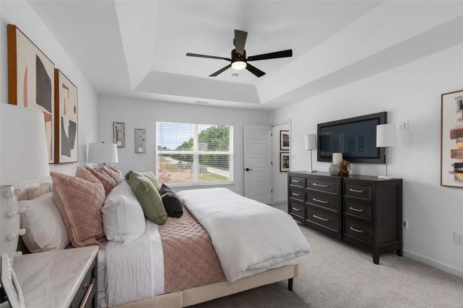 Carpeted bedroom featuring ceiling fan and a raised ceiling | Image 15