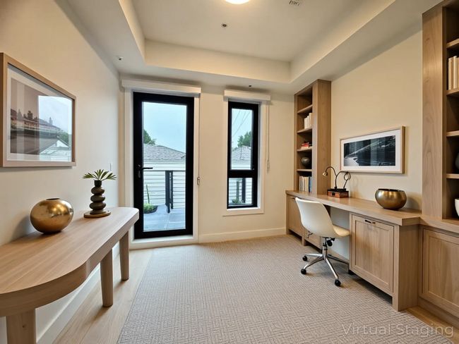 Office space with baseboards, built in study area, built in shelves, and a tray ceiling | Image 9