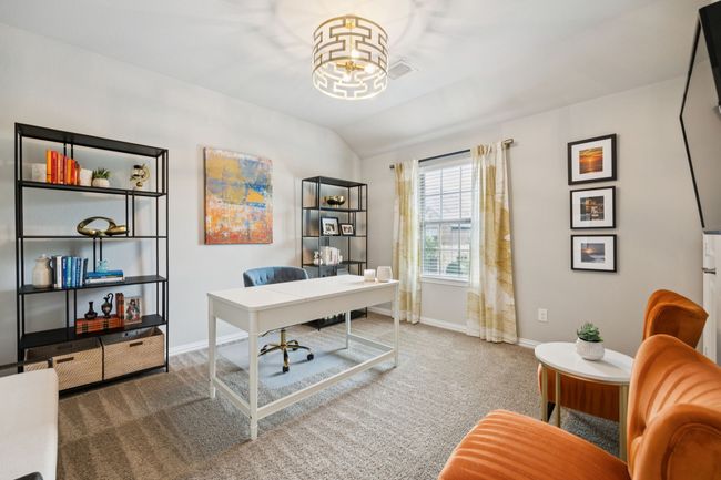 Office with carpet floors, vaulted ceiling, and a chandelier | Image 15