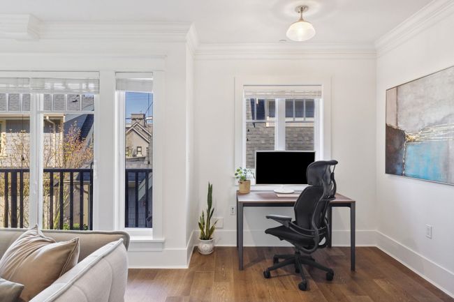 Office space featuring wood finished floors, baseboards, and ornamental molding | Image 7