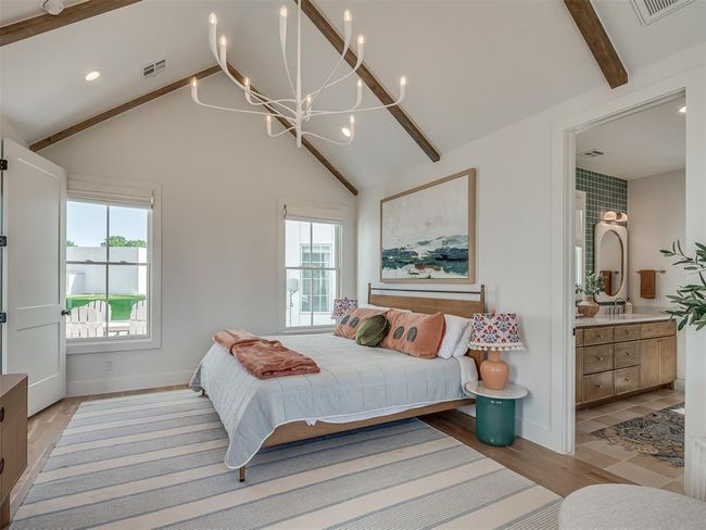 Bedroom featuring multiple windows, a chandelier, baseboards, and recessed lighting | Image 23