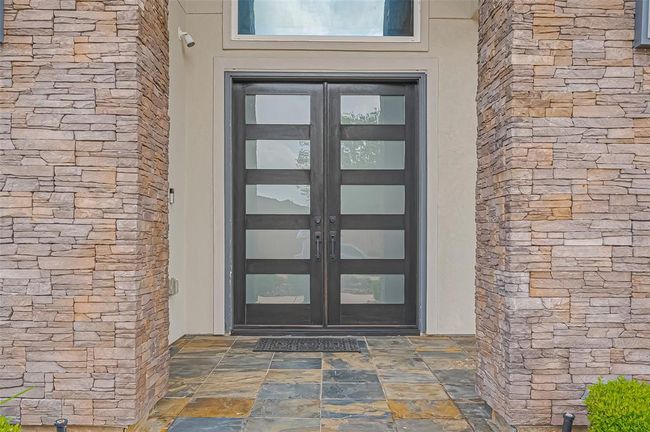 This photo showcases a modern front entrance with sleek double doors featuring frosted glass panels. | Image 4