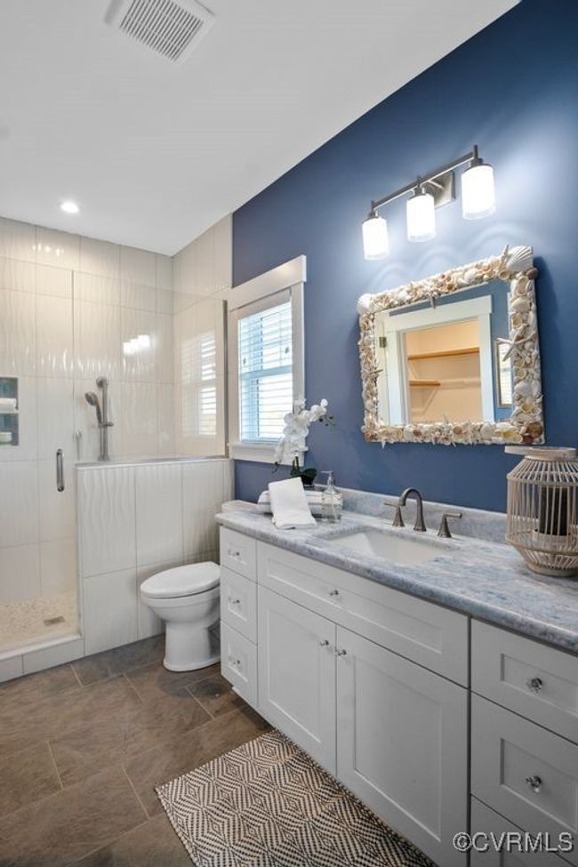 Full bathroom featuring visible vents, toilet, a stall shower, and vanity | Image 16
